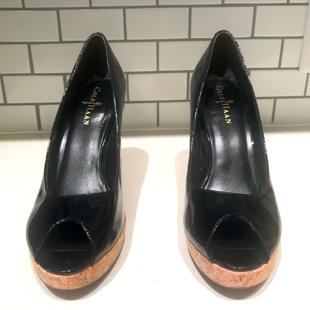 Cole Haan black patent pumps with cork sole